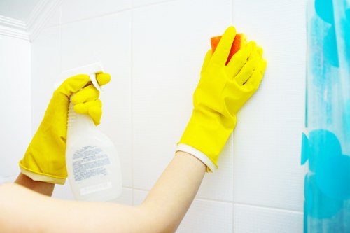 Deep upholstery cleaning equipment on a fabric sofa