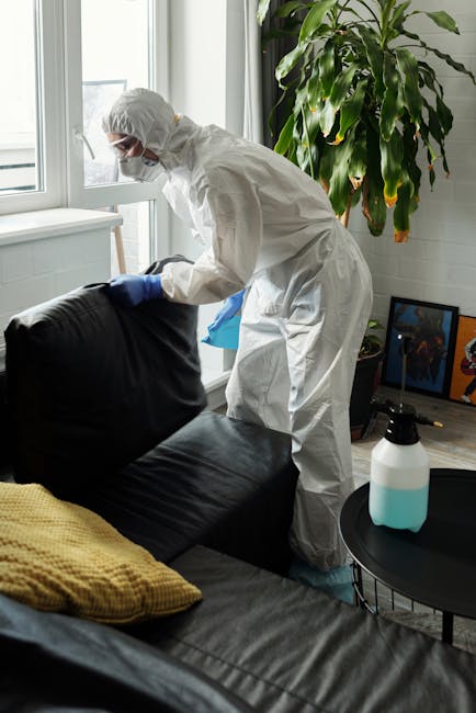 Close-up of a person in a dark jacket using a handheld vacuum cleaner to thoroughly clean a yellow and white patterned cushion placed on a dark fabric sofa in a living room. The focus is on surface cl