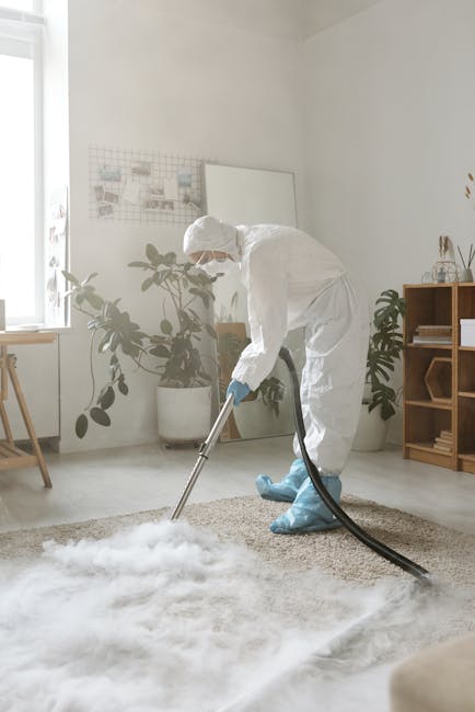 A person wearing a grey jumpsuit is operating a large vacuum cleaner on a dark, empty auditorium or theatre stage with black flooring and tiered seating in the background. The cleaning process appears